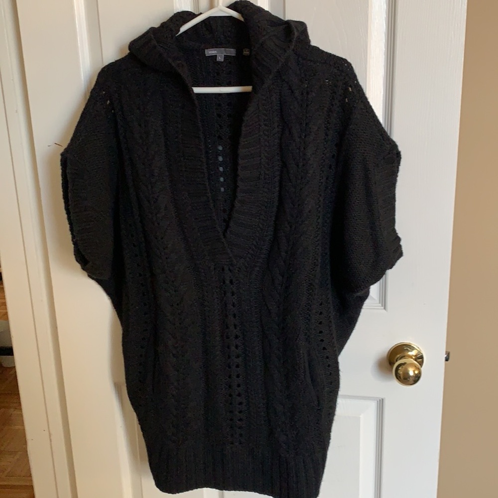 Vince hooded black vneck cable knit alpaca & merino wool sweater size L